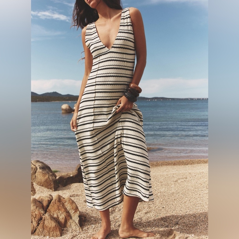 NWT ZARA WOMAN SS25 BLACK RUSTIC MIDI DRESS ALL Sz M